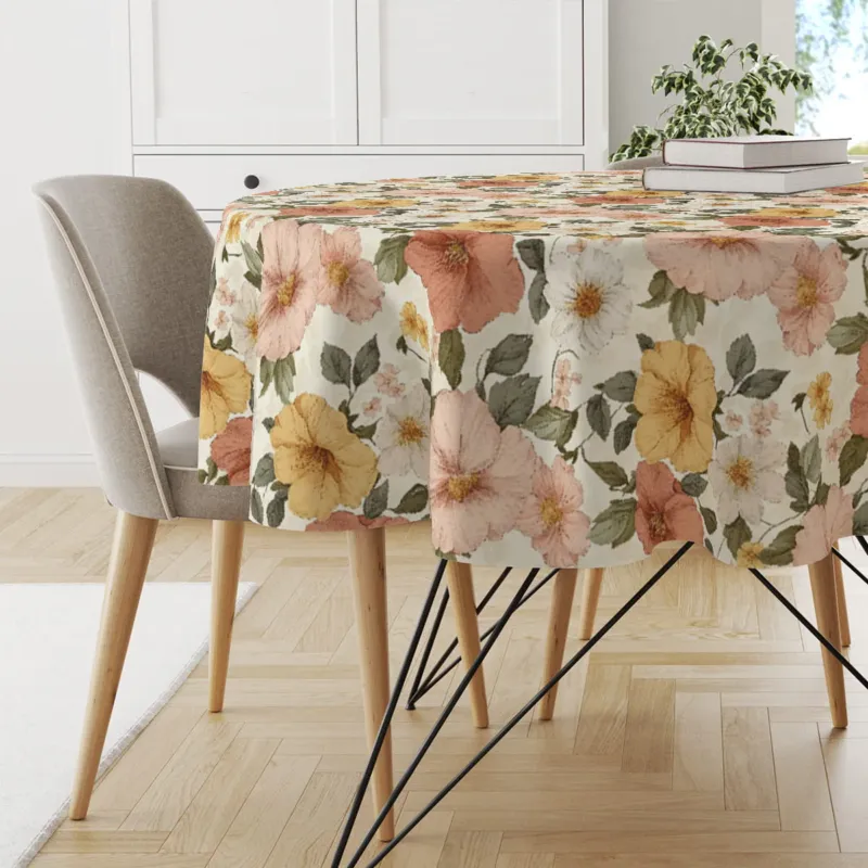 Obrus okrągły FLORAL wzór F45 kwiaty w sepii - średnica 150 cm - Popularny