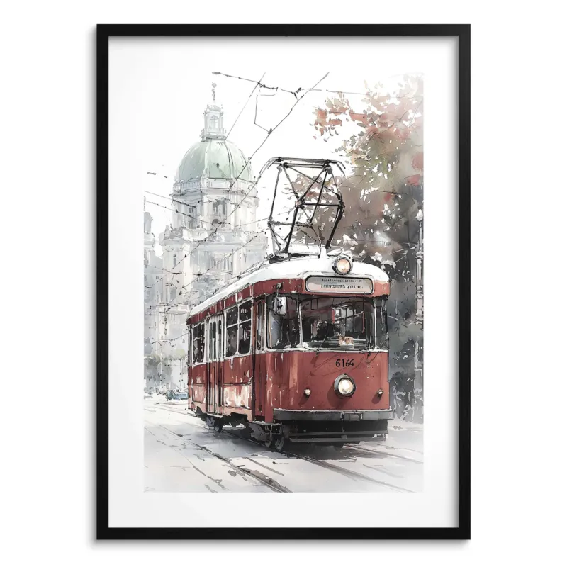 Plakat Obraz Czerwony tramwaj Retro na ścianę do salonu biura - Sprawdź teraz