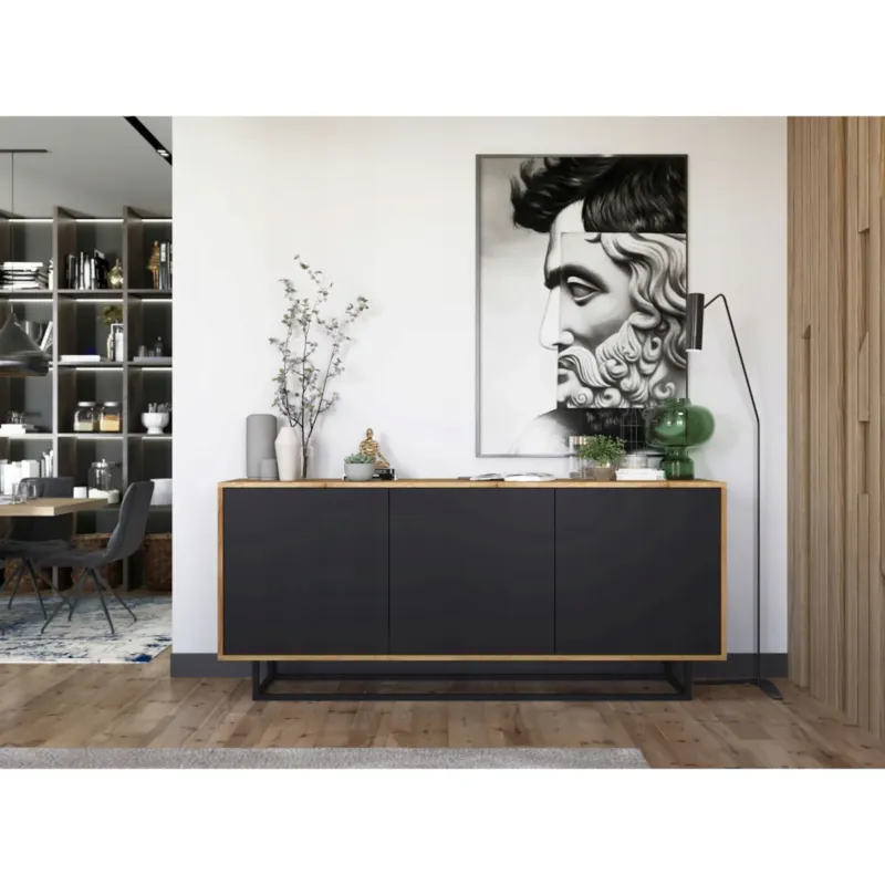 Komoda Loft Szafka RTV Industrialna Dąb Wotan Czarny MAT 168 cm - Darmowy zwrot