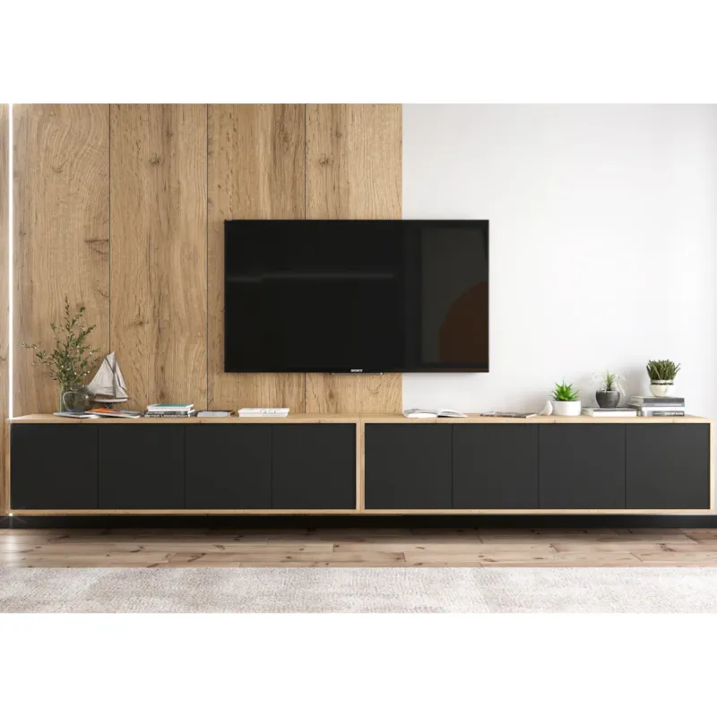 Taniej Wisząca Szafka RTV Loft Komoda RTV Dąb Wotan Czarny MAT 300 cm -
