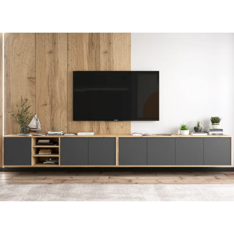 Łatwy zwrot Wisząca szafka RTV Loft Industrialna Dąb Wotan Grafit MAT 300 cm -