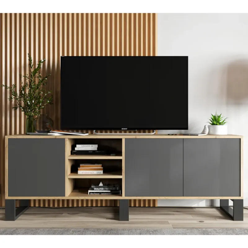 Szafka RTV Loft Nowoczesna Komoda RTV Loft 150 cm Dąb Wotan Grafit MAT - Popularny