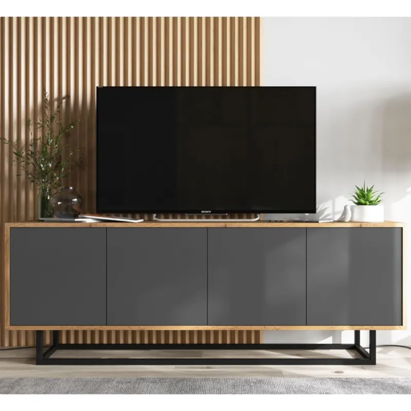 Łatwy zwrot Industrialna Szafka RTV Loft Komoda RTV Dąb Wotan Grafit MAT 150 cm -