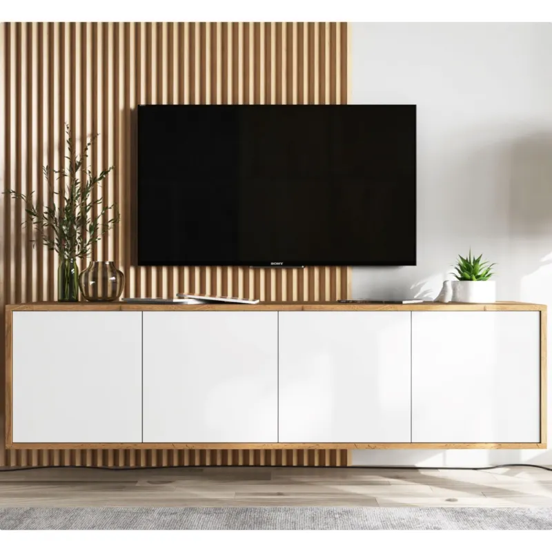 Wisząca Szafka RTV Loft Komoda RTV Dąb Wotan Biały MAT 150 cm - Bezpieczne zakupy
