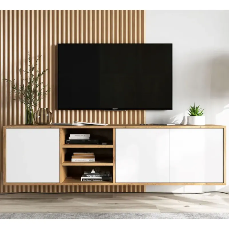 Wisząca Szafka RTV Komoda Industrialna Dąb Wotan Biały MAT 150 cm - Tani