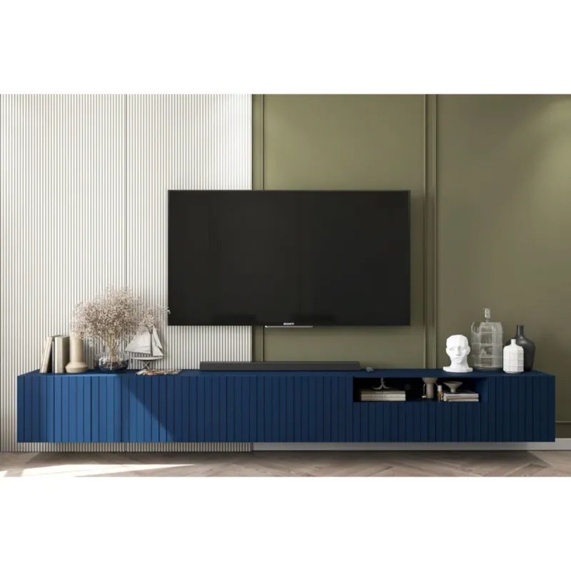 Nowoczesna Wisząca Szafka RTV Glamour Komoda RTV Granatowy Mat 300 cm - Dostępne od ręki