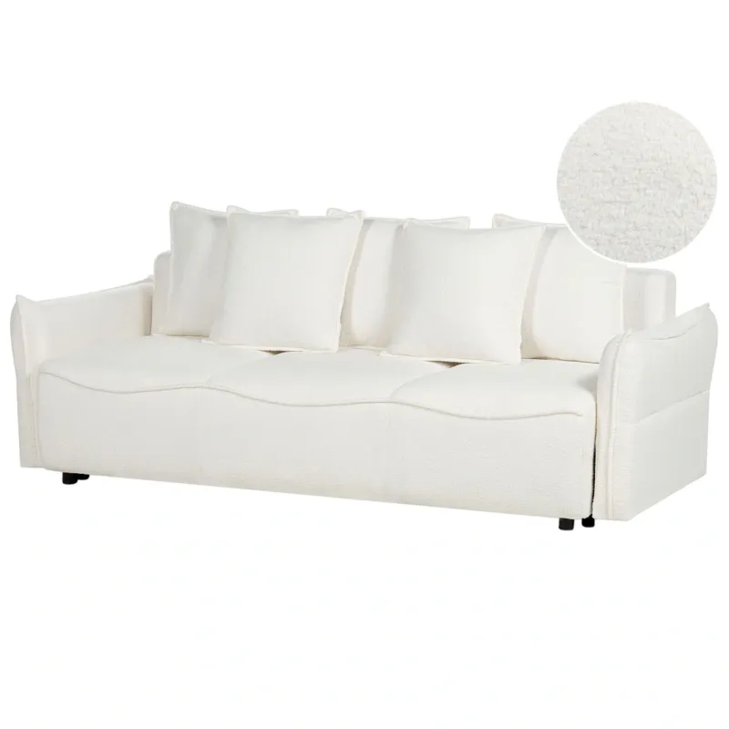 Sofa rozkładana z pojemnikiem boucle biała KRAMA - Niska cena