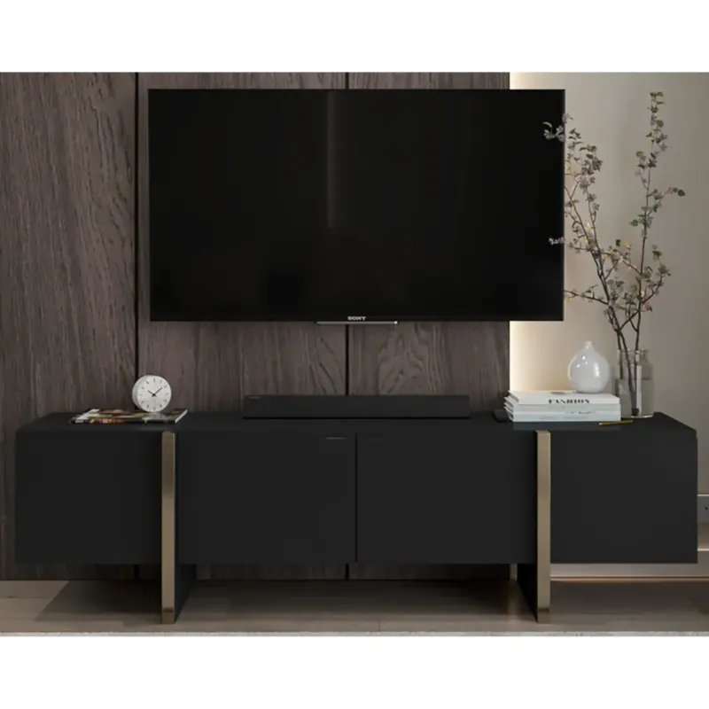 Szafka RTV Kenzo Nowoczesna Komoda RTV Glamour Czarny Mat 180 cm - Ograniczona ilość