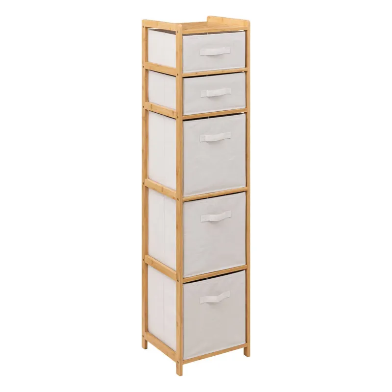 Sprawdź teraz Wysoki regał bambusowy TIDY z 5 materiałowymi koszami, wys. 144,3 cm -