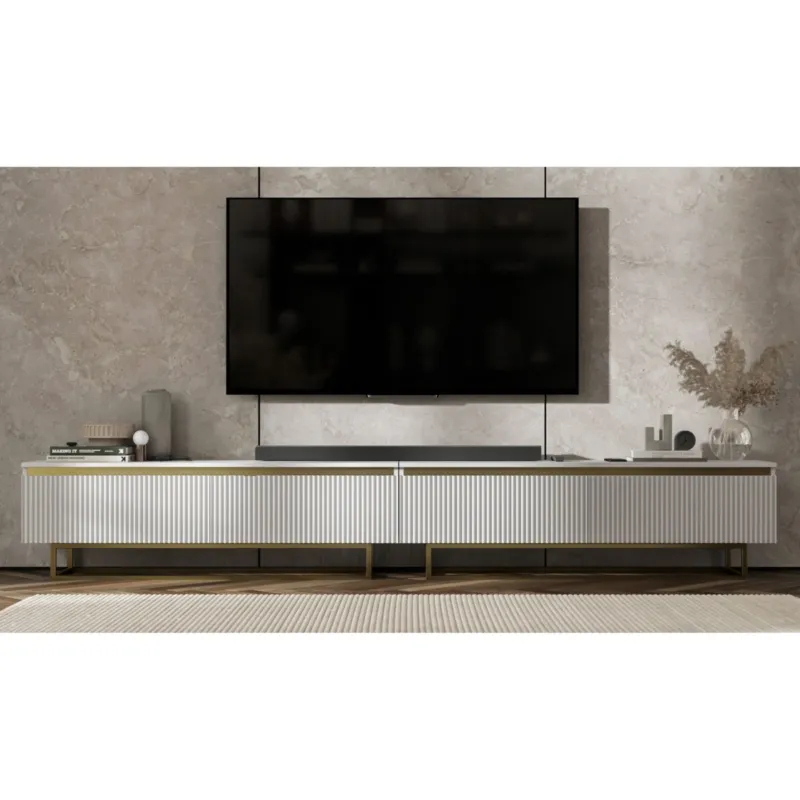 Nowoczesna Szafka RTV Glamour Komoda RTV Biały Mat 280 cm złote akcenty - Cena promocyjna