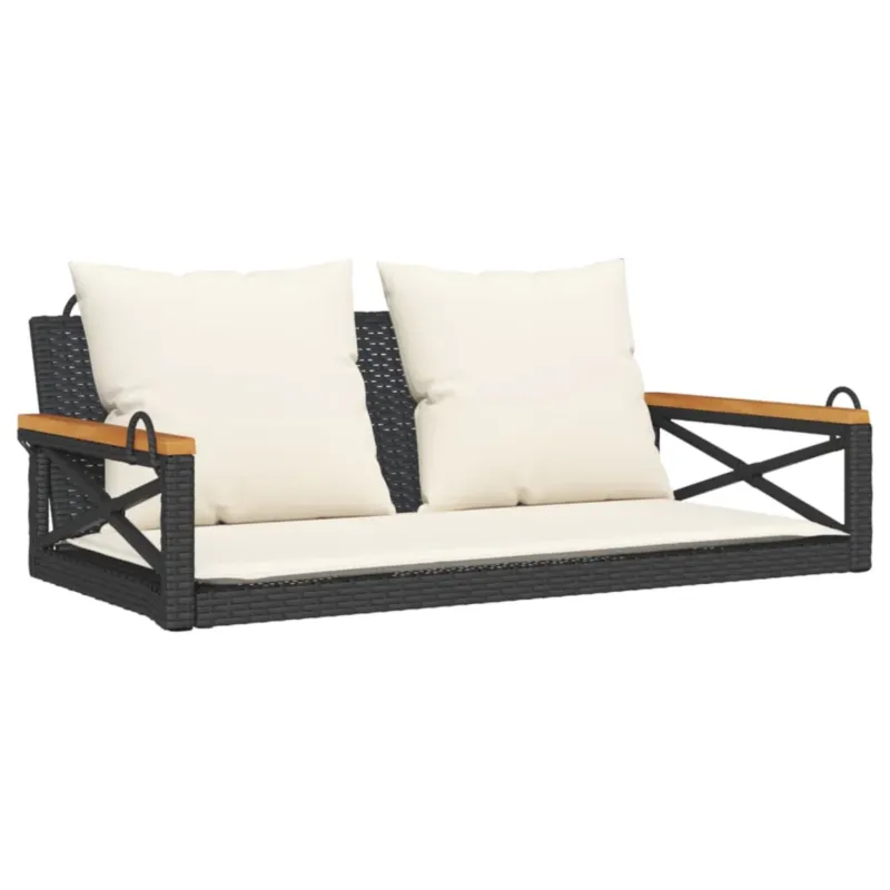 vidaXL Ławka bujana z poduszkami, czarna, 109x62x40 cm, polirattan - Ostatnie sztuki