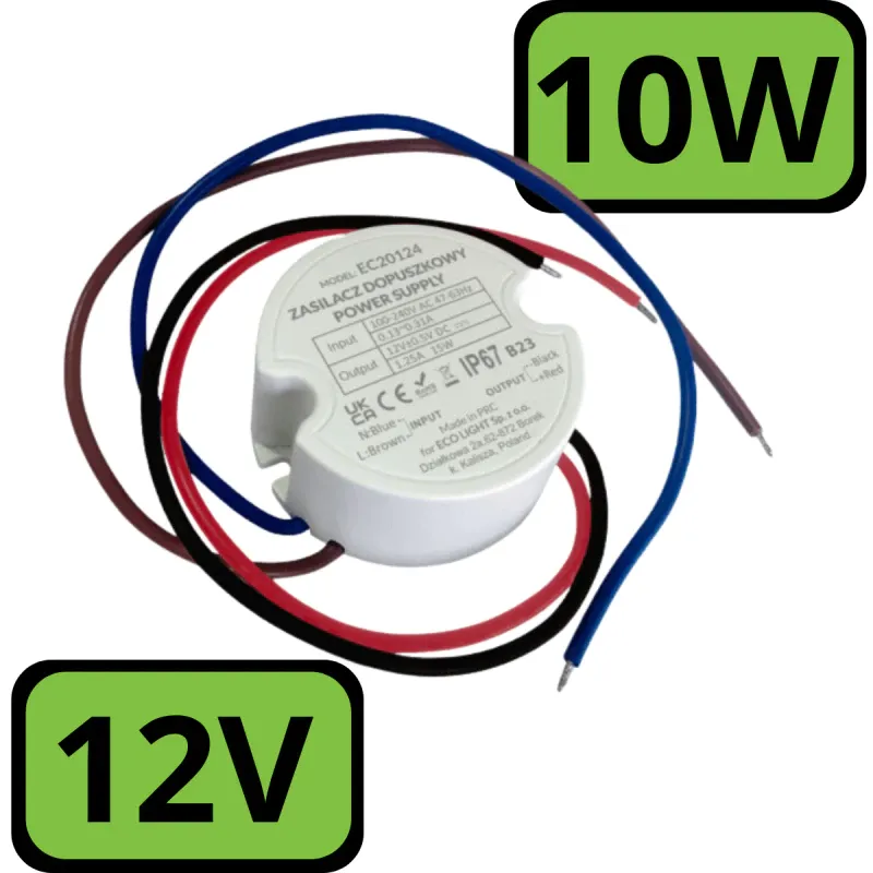 Zasilacz Do Puszki Fi60 0,83A 10W 12V Ip67 EC20126 Łatwy zwrot