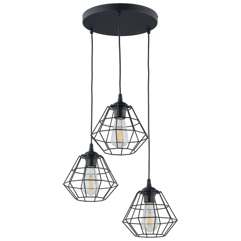 Lampa wisząca z trzema drucianymi, czarnymi kloszami klatkami do loftowych wnętrz DIAMOND NEW BLACK 6204 3xE27 TK Lighting Bezpieczne zakupy