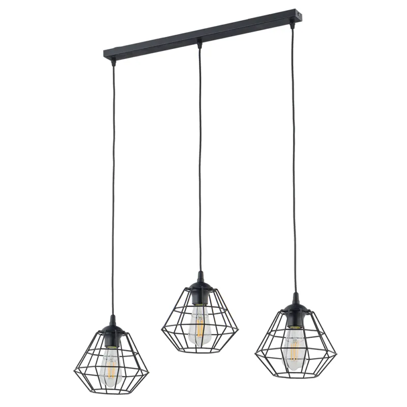 Lampa wisząca, listwa z trzema drucianymi podwieszanymi kloszami w loftowym stylu DIAMOND NEW BLACK 6203 3xE27 TK Lighting Obniżka ceny