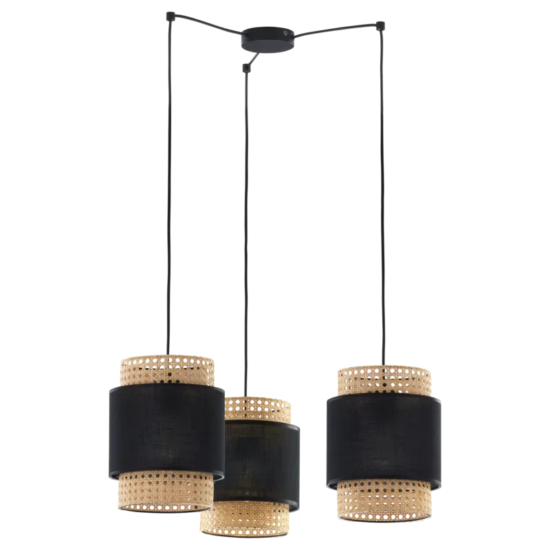 Cena promocyjna Czarno-słomkowa lampa wisząca z trzema kloszami z elementami rattanu BOHO BLACK 6549 TK Lighting