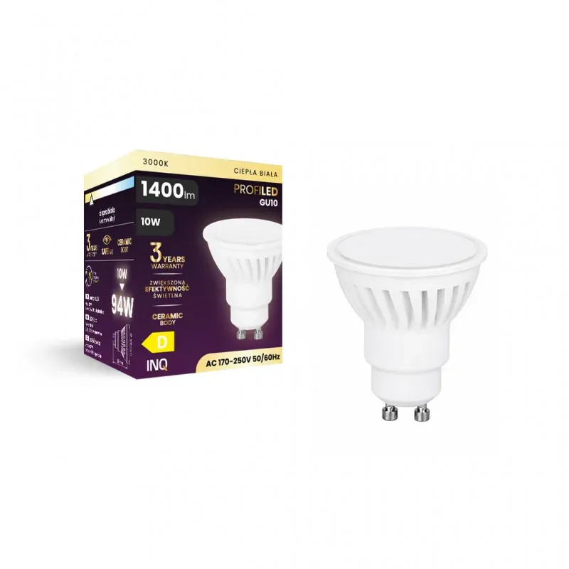 Żarówka LED ceramiczna wydajna ciepła Gu10 10W 3000K 1400lm ELR140WW Premium INQ Ostatnie sztuki