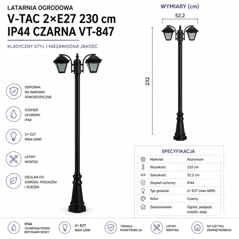 Latarnia Ogrodowa V-Tac 2Xe27 230Cm Ip44 Czarny Vt-847 SKU 8688 Kup teraz