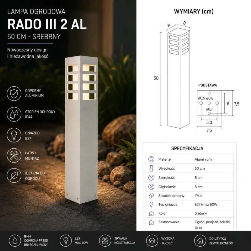 Tani Lampa Ogrodowa Srebrny Rado Iii 2 Al 50 Cm