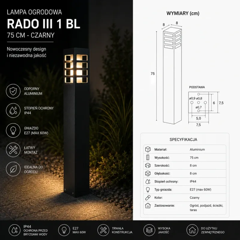 Tylko dziś Lampa Ogrodowa Czarny Rado Iii 1 Bl 75 Cm