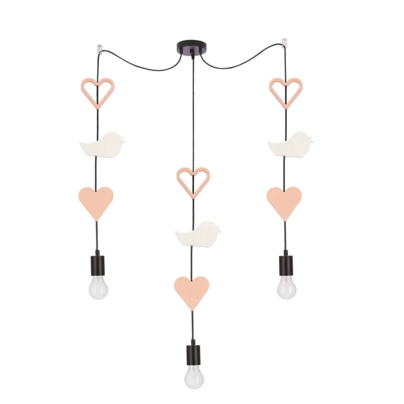 Wybór klientów Lampa wisząca do pokoju dziecięcego Trio serca i ptaszki czarna różowo-biała 3xE27 MDF