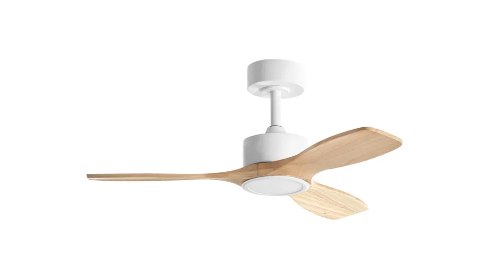 Wentylator SANTORINI XS biały, drewno naturalne Ø97 DC 30W LED 24W CCT zmienna barwa 8421797896768 - MDC Okazja