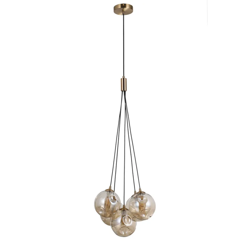 Obniżka ceny Lampa wisząca mosiężna 5-punktowa ze szklanymi kloszami PND-54456-5-HB-AMB z serii Perlos - Lampy Italux