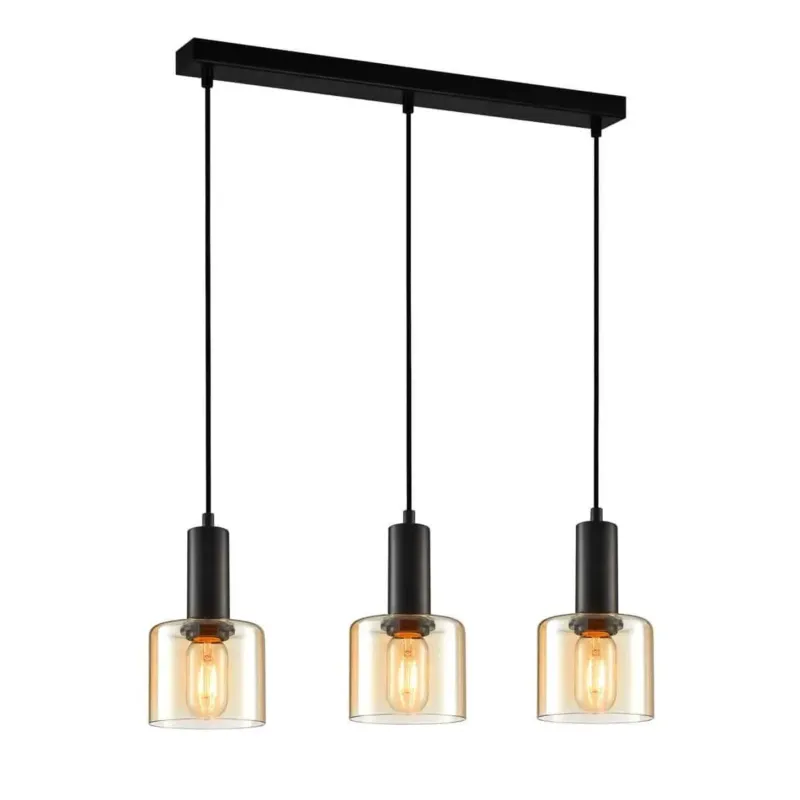 Lampa wisząca czarna metalowa z bursztynowym szkłem 3-punktowa PND-65342-3-BK+AMB z serii SANTIA - Lampy Italux Cena promocyjna