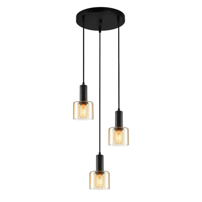 Lampa wisząca czarna 3-punktowa ze szklanymi kloszami PND-65342-3A-BK+AMB z serii SANTIA - Lampy Italux Ostatnia szansa