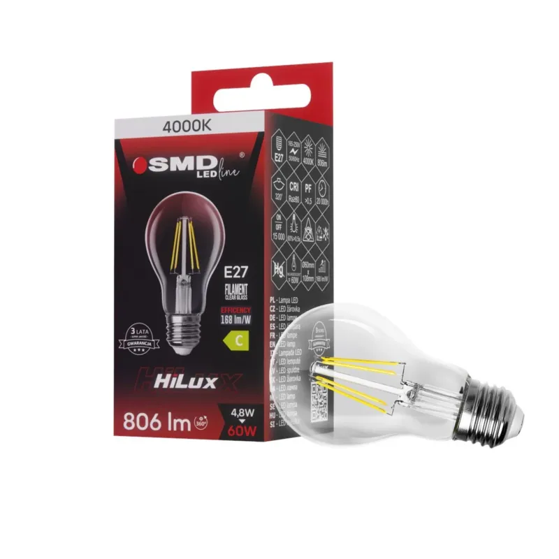 Tani ŻARÓWKA E27 LED FILAME 4,8W NW CLEAR HiLux 4724 ZAR4724SLL - SMD LEDline