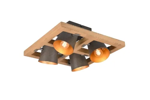 Dodaj do koszyka Lampa sufitowa cztery okrągłe klosze metalowe w drewnianej kwadratowej ramie Trio Lighting 601900467 Bell 4xE14 39cm