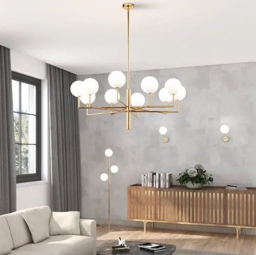 Szeroki mosiężny żyrandol lampa wisząca z białymi kloszami kulami Jupiter FE10 MS 1931 Feme 10xG9 100cm Kup online